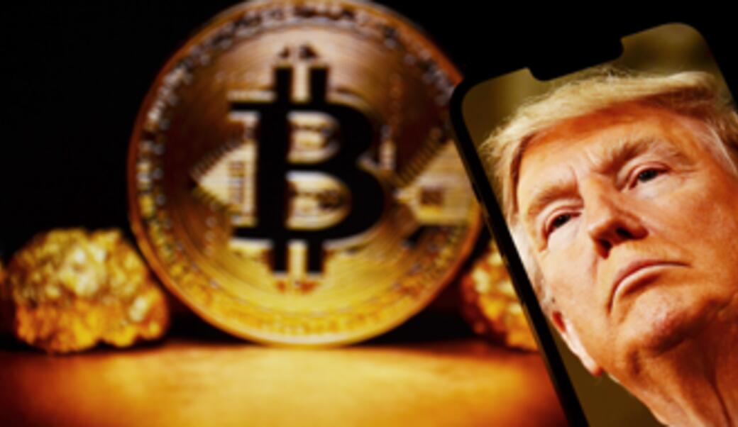 Image of Donald Trump on cell phone with gold and a gold bitcoin in the background
